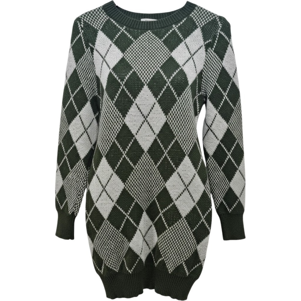 K&K Women Green White Argyle Knit Longline Sweater Dress BR16088 Large